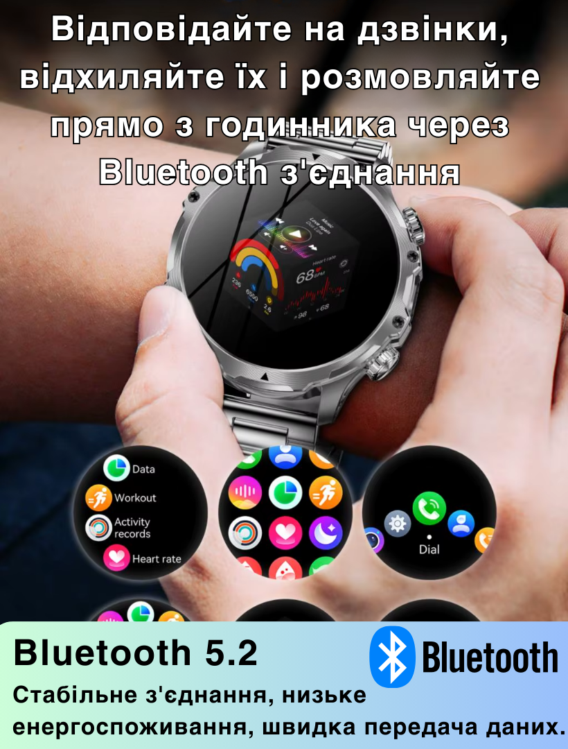 Смарт-годинник чоловічий військовий Modfit Tactic Blaze з компасом/функцією дзвінка та ремінцями 2 шт. залізний і силіконовий Чорний (1077-0322) - фото 7 Смарт-годинник чоловічий військовий Modfit Tactic Blaze з компасом/функцією дзвінка та ремінцями 2 шт. залізний і силіконовий Чорний (1077-0322) - фото 7