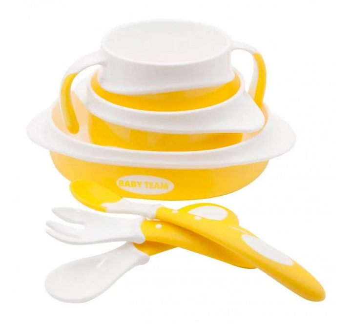 Набор для кормления Baby team тарелка/миска/чашка/2 ложки/вилка/нагрудник от 4 месяцев