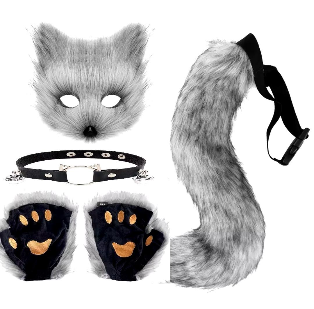 Набор 4в1 маска котика ошейник перчатки и хвост Серый