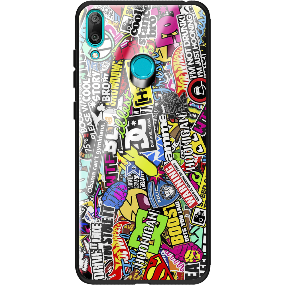 Чехол Boxface Huawei Y7 2019 Multicolored Inscriptions Черный силикон со стеклом (36044-up880-37730)