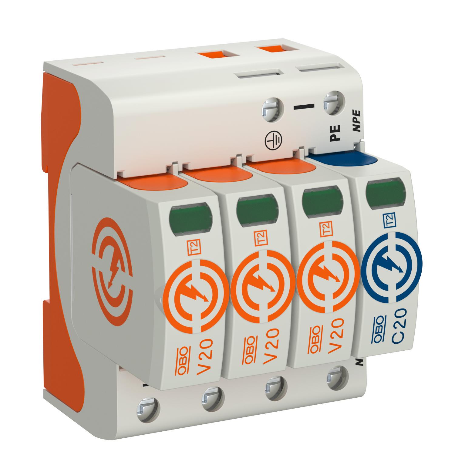 Ограничитель перенапряжения OBO bettermann Т-2 V20-3+NPE-320 3P+N/PE 60кА 320 В класc 2 С (5095263)