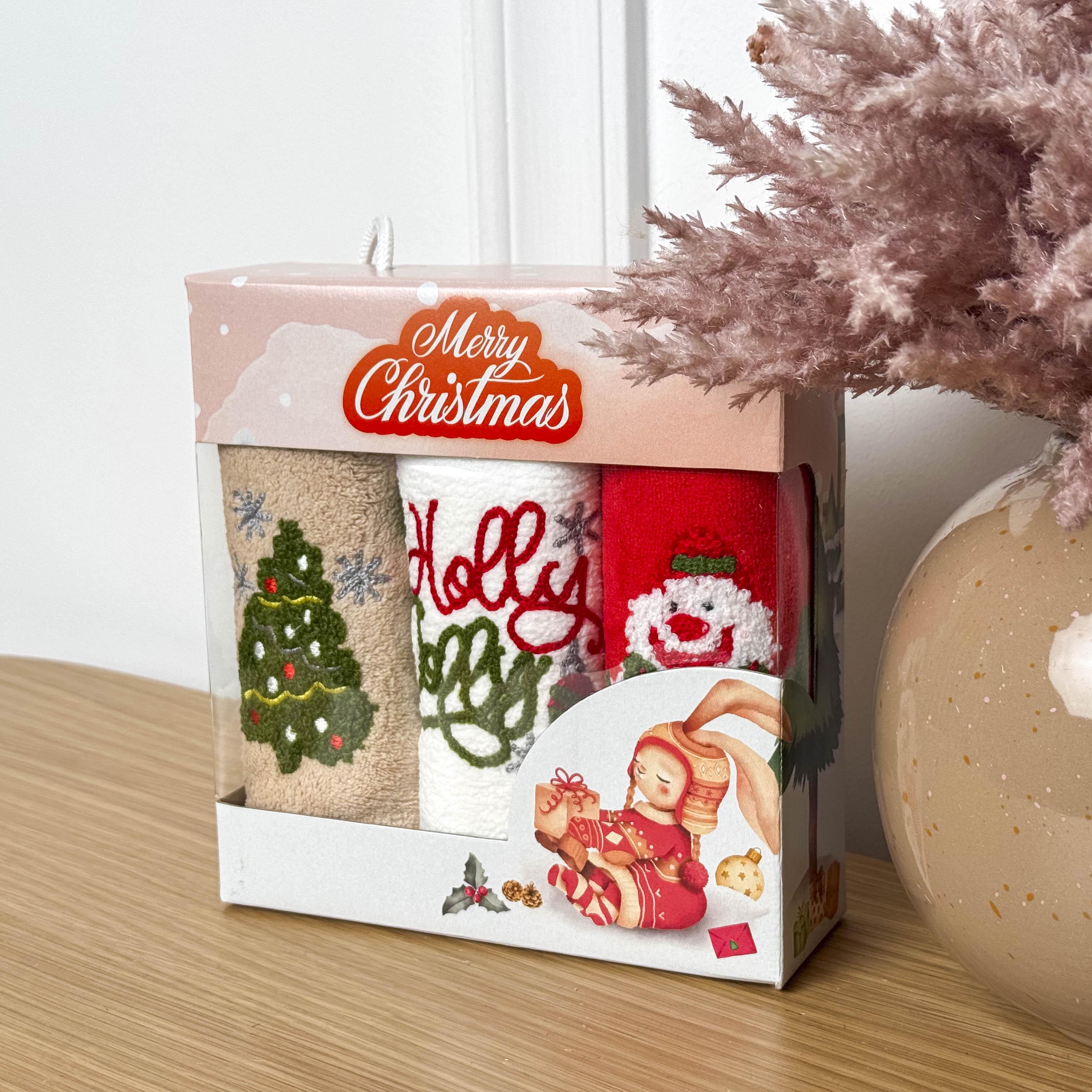 Набор полотенец тройка Новый год 25x50 см Светло-бежевый (88927)