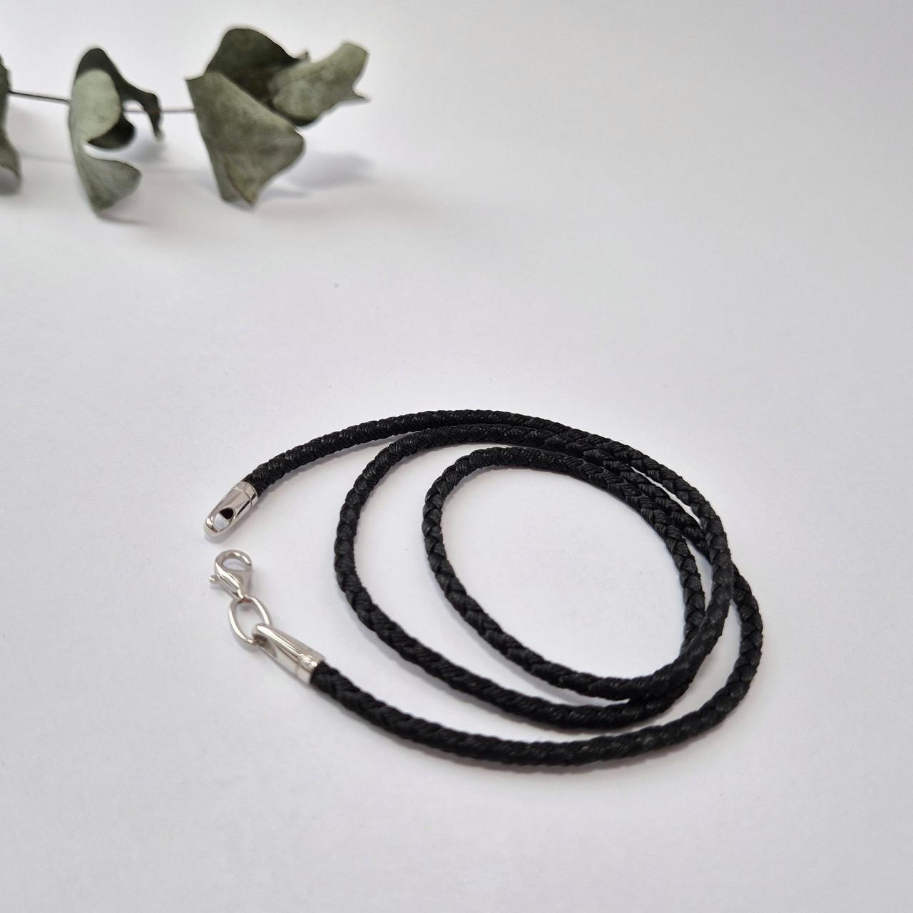 Шнурок на шию Жгут текстильний 2 мм срібло 925 проби родоване 2,43 г 40 см Чорний (кс0725рт)