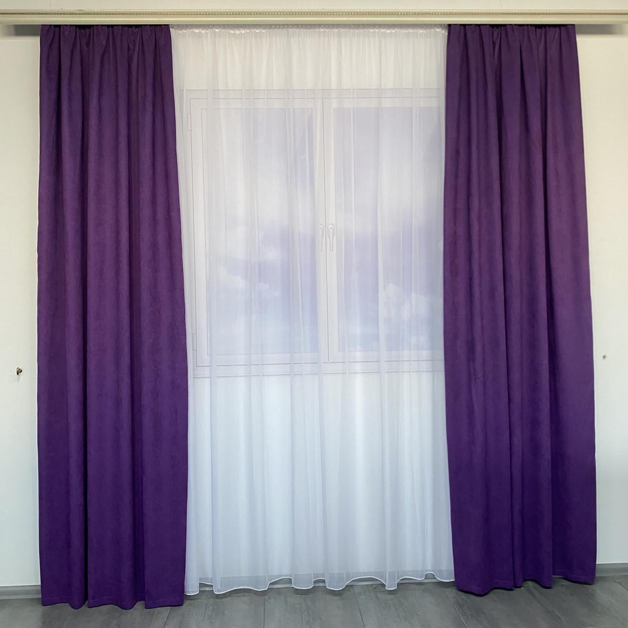Шторы готовые однотонные микровелюр с шифоновым тюлем Фиолетовый