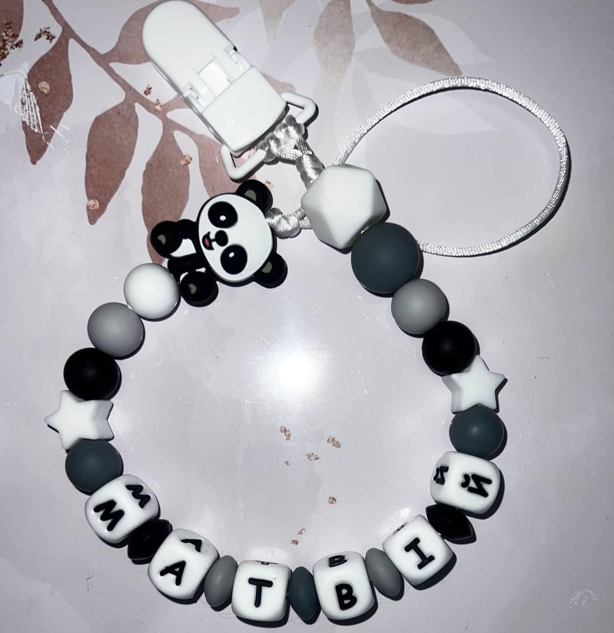 Тримач для пустушки іменний силіконовий Панда 07 з зірочками Сірий (2503438281)