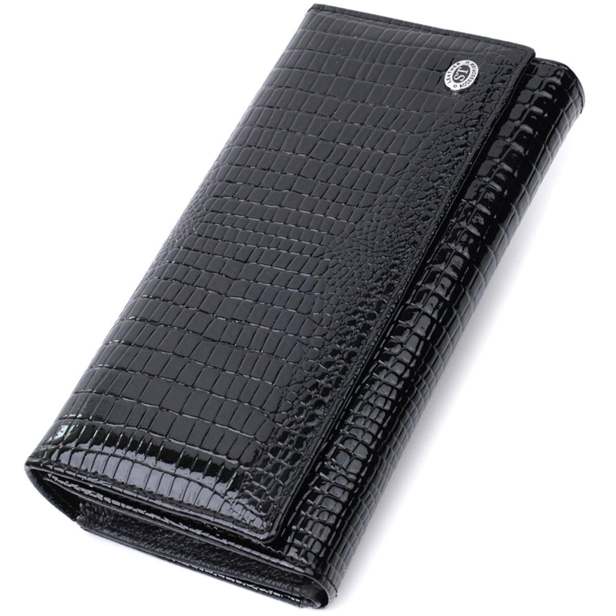 Кошелек женский ST Leather 22683 лакированный с блоком для карточек из натуральной кожи под рептилию Черный (168-136-22683)