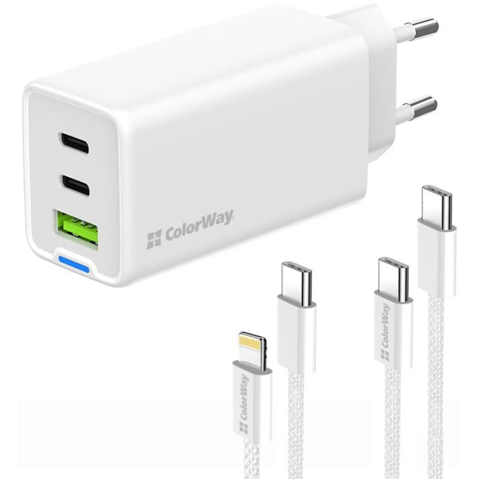 Зарядное устройство сетевое ColorWay GaN Mini CW-CHS058PDCL-WT 65W с кабелями USB-C и Lightning 2xUSB-C 1xUSB-A PD 3.0/QC 4.0 PPS White