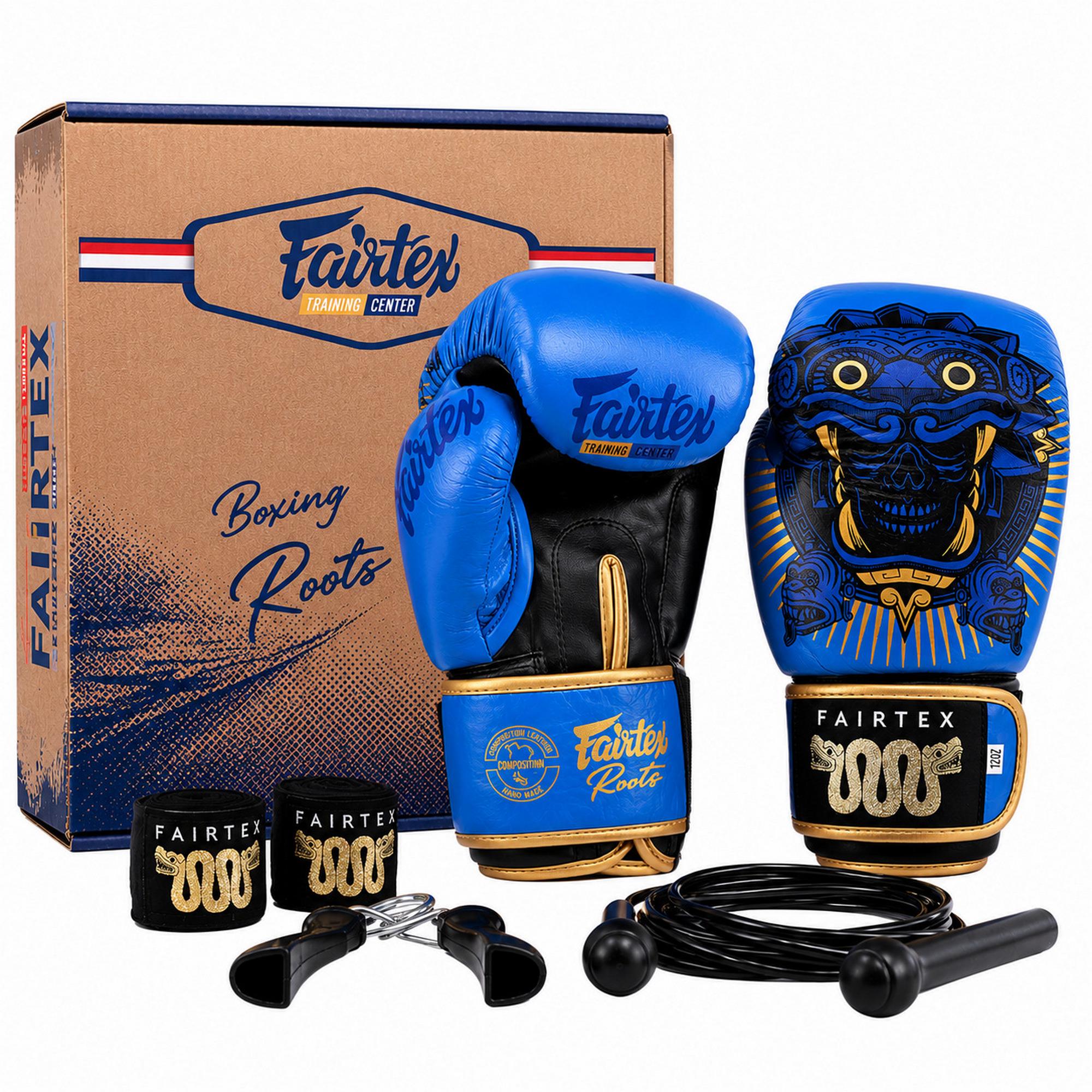 Боксерский набор FAIRTEX BO-6662 4в1 TWN 14 oz кожаные перчатки/бинты/эспандер/скакалка Синий (36252725)