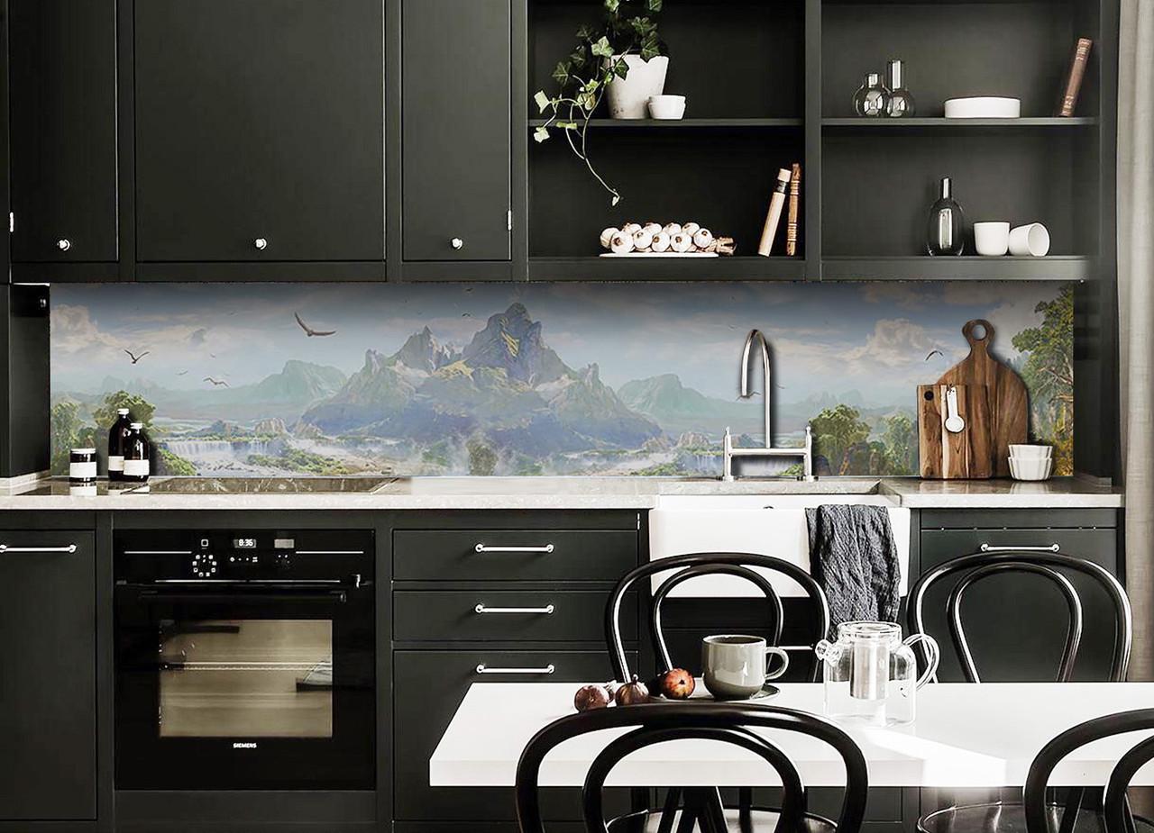 Кухонный фартук Туманная долина горы птицы из самоклеющейся виниловой пленки 60х250 см Голубой