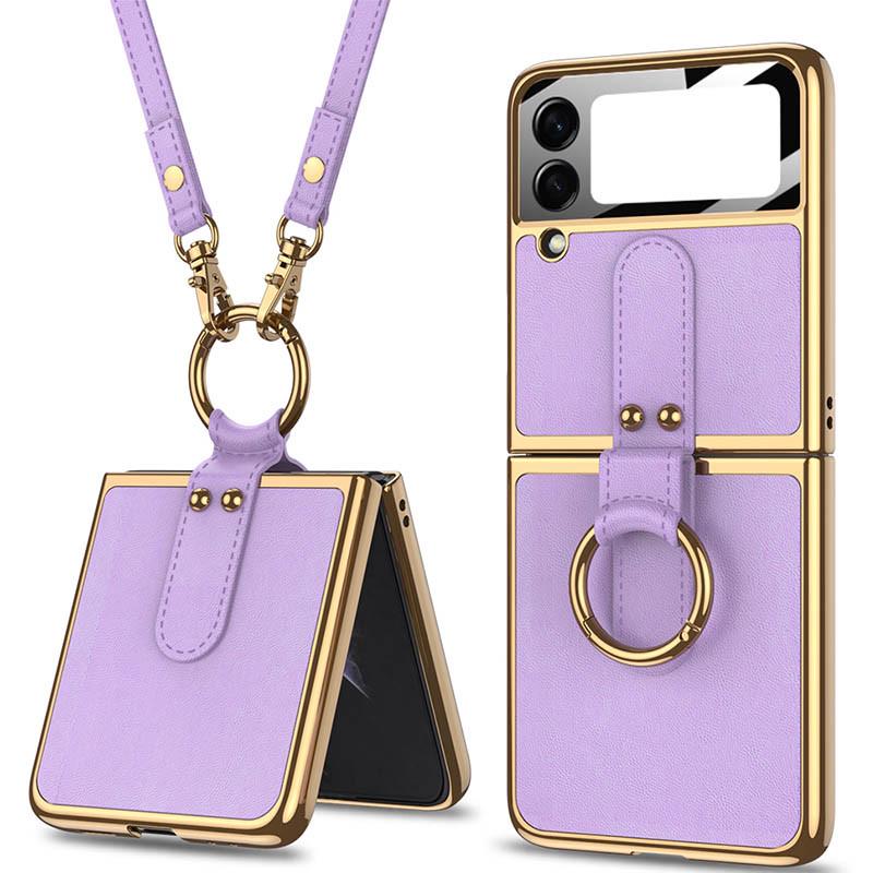 Противоударный кожаный чехол GKK with ring and strap для Samsung Galaxy Z Flip4 Dream Purple