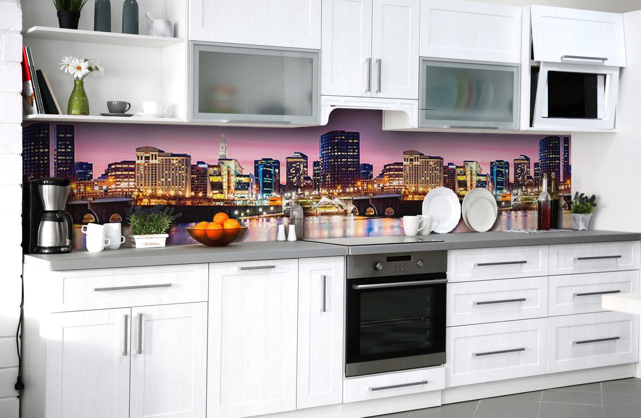 Кухонный фартук Вечерние огни города пленка из самоклеющейся виниловой пленки 60х250 см Розовый