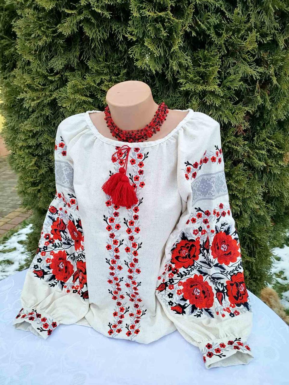 Вишиванка-блуза з трояндовим орнаментом на натуральному льоні р. 42 Білий/Червоний/Чорний (2395766646) - фото 5 Вишиванка-блуза з трояндовим орнаментом на натуральному льоні р. 42 Білий/Червоний/Чорний (2395766646) - фото 5