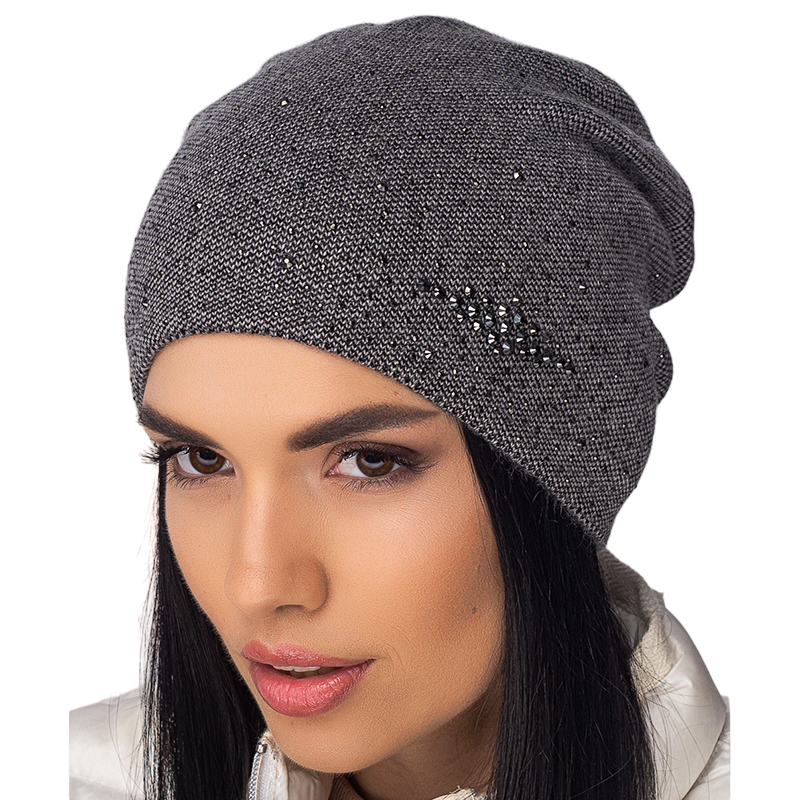 Шапка женская Leks Верба кашемировая со стразами утепленная флисом сцепленная сзади OneSize Темно-серый/Черный (121698)