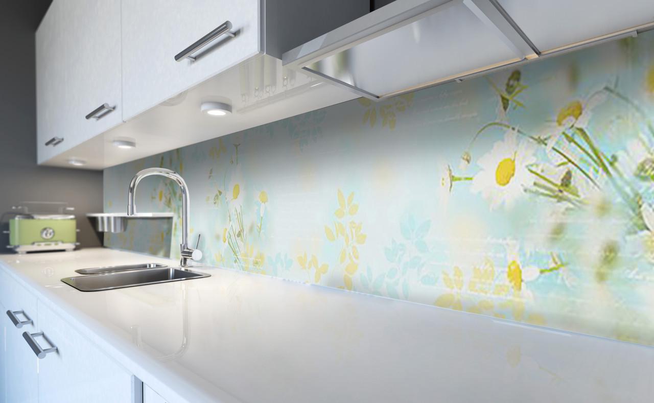 Кухонный фартук Полевые ромашки узоры из самоклеющейся виниловой пленки 60х300 см Голубой