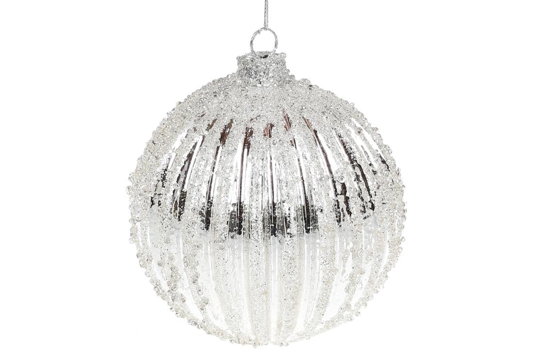 Елочный стеклянный шар Bonadi рельефной формы с декором из глиттера и бисера 10 см Шампань (118-384)