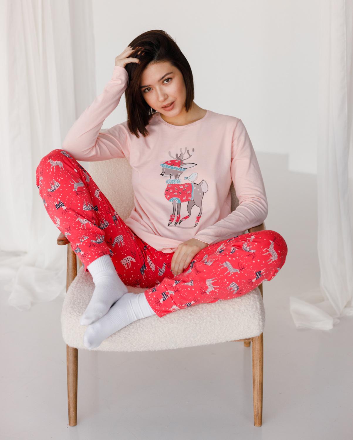 Пижама женская с брюками Family look Зимний Олень XL Персиковый (96505)