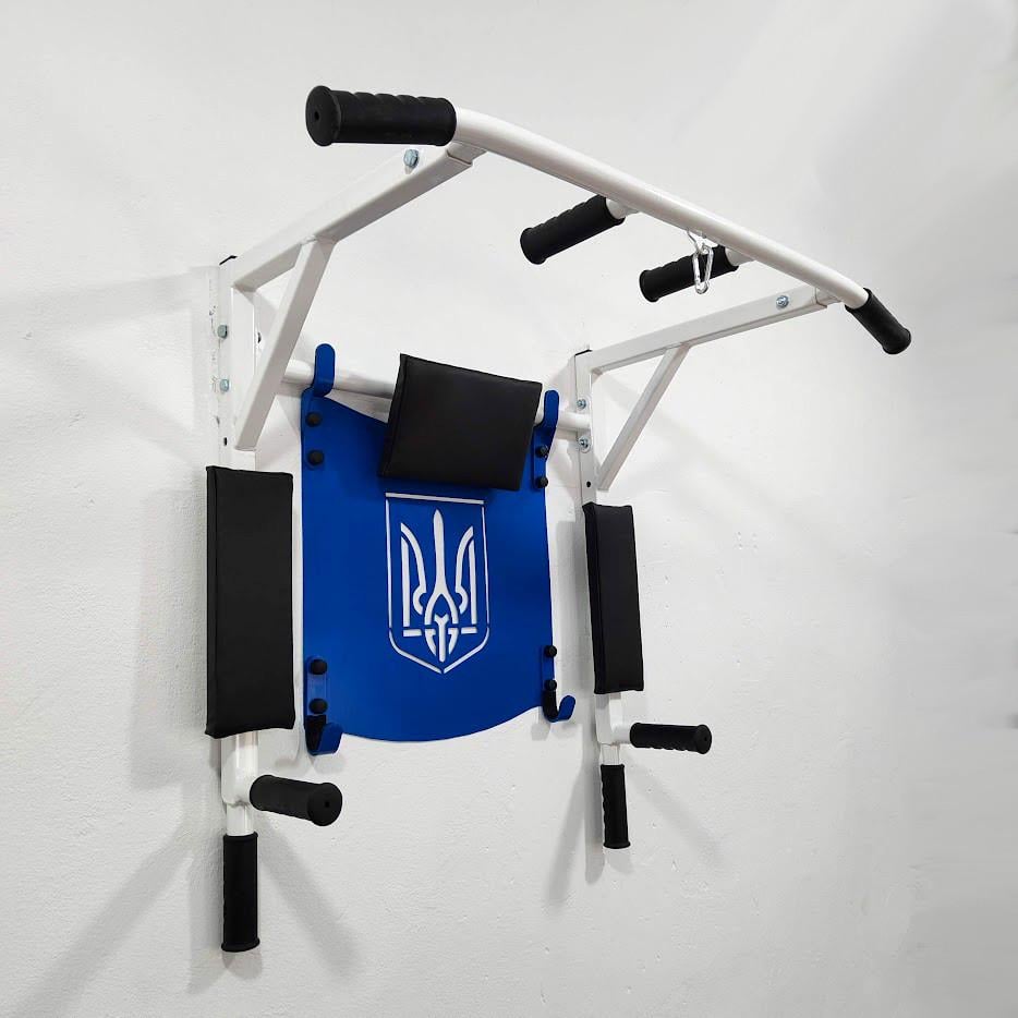 Турник-брусья SAB настенный разборной с резиновыми ручками/рамкой с гербом и адаптивной спинкой для пресса разборной Белый/Синий (0079) - фото 3