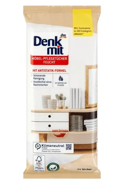 Вологі серветки для догляду за меблями Denkmit Mit Antistatik-Formel з антистатичним ефектом 24 шт.