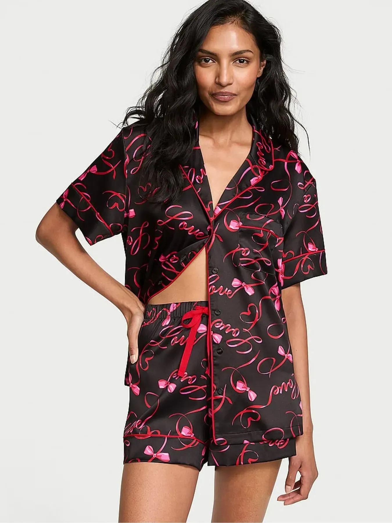 Піжама сатинова сорочка/шорти Victoria's Secret Glazed Satin Short Pajama Set S Чорний (26989138)