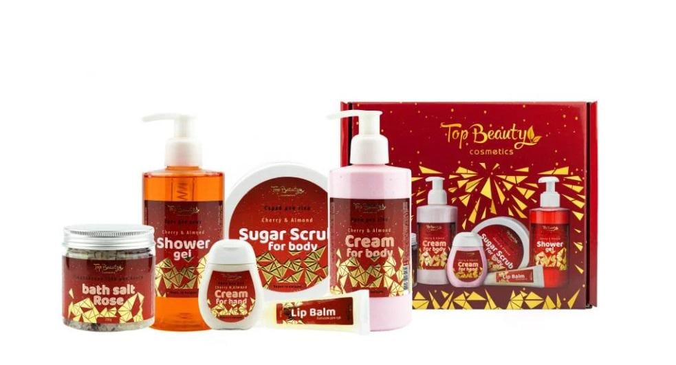 Подарочный бокс Top Beauty Вишня и миндаль для ухода за телом 6 товаров в коробке Бордовый (3189)