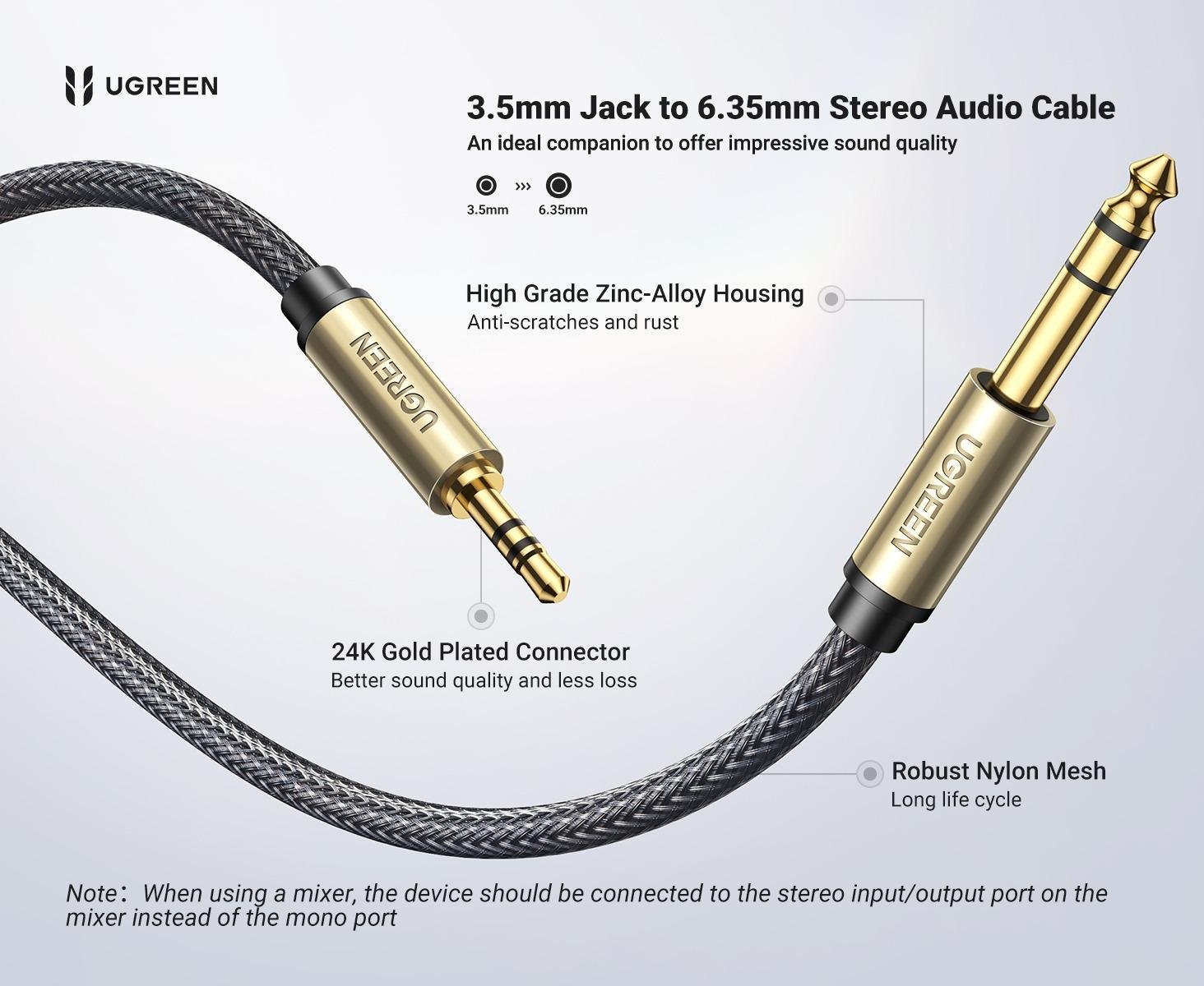 Кабель UGREEN 6.5 мм Jack-3.5 мм minijack HiFi стерео AUX на 6.35 мм нейлонове обплетення TRS 1 м Чорний (10625) - фото 2 Кабель UGREEN 6.5 мм Jack-3.5 мм minijack HiFi стерео AUX на 6.35 мм нейлонове обплетення TRS 1 м Чорний (10625) - фото 2