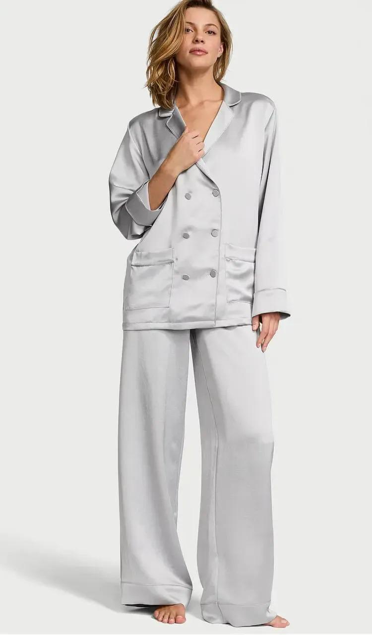 Піжама сатинова сорочка/штани Victoria's Secret Luxe Satin Double-Breasted Long Pajama Set Regular S Сірий (2681238D)