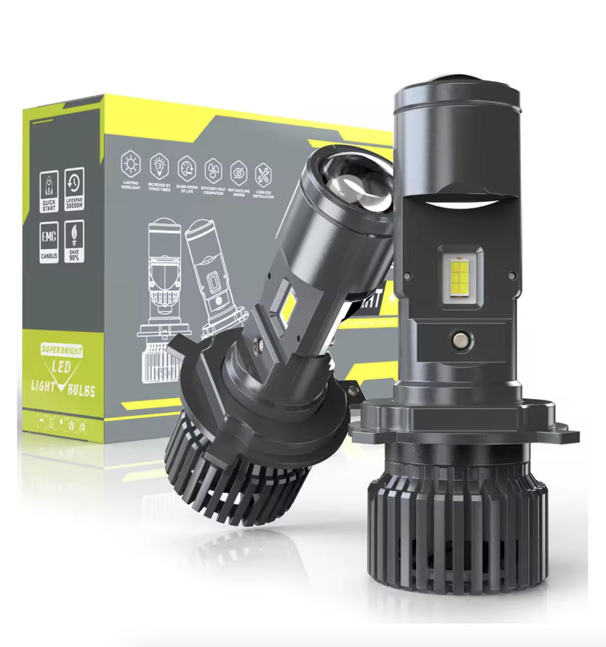 Автомобильные LED-лампы Bi-Led Turbo H4 с линзой яркий белый свет 6500K 36/72 Вт 9-32 В 2 шт. (S65WU)