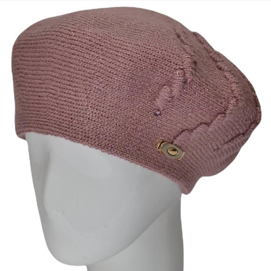 Берет женский Lirus Олеся из шерсти двойной с узором и люрексовой нитью Светло-пудровый