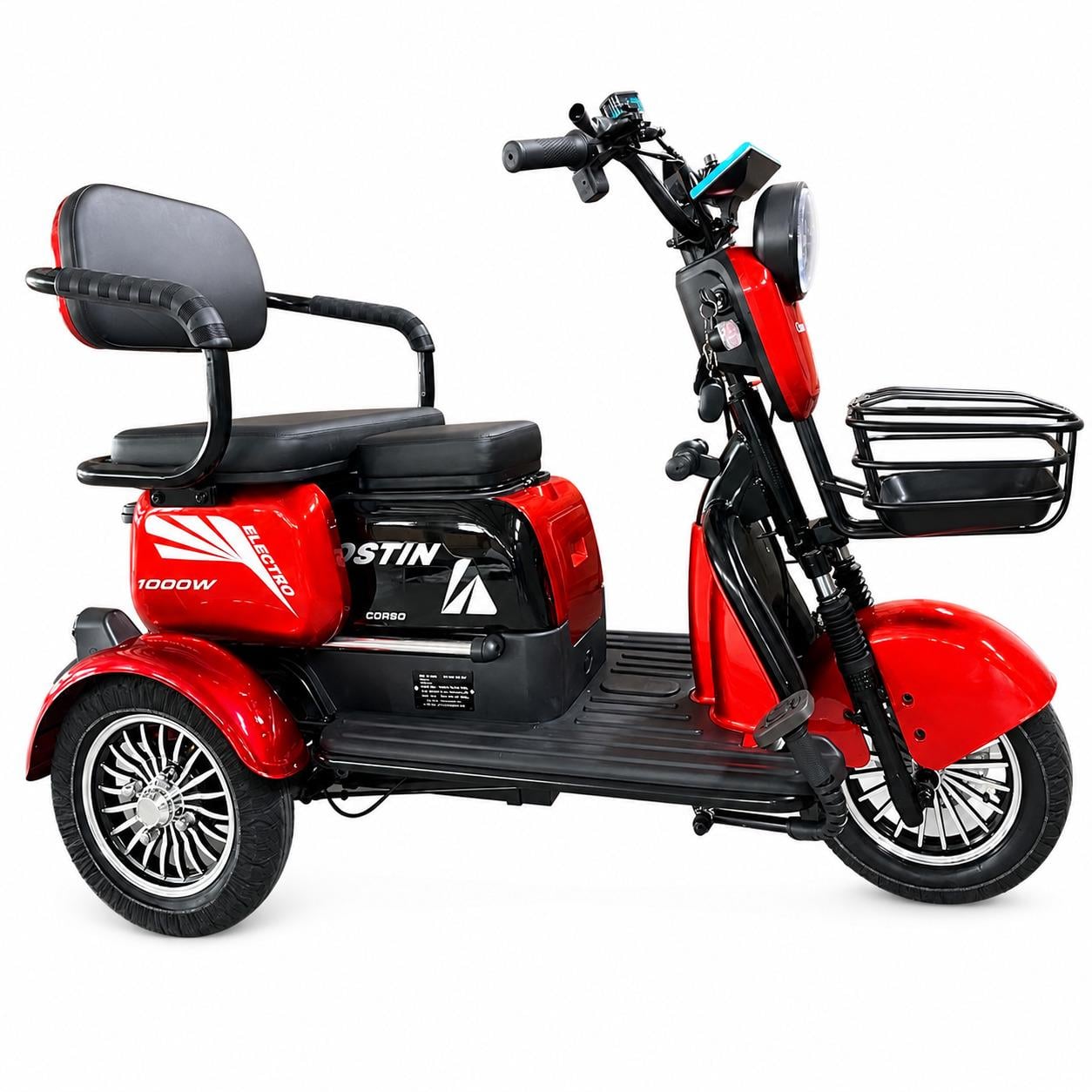 Трицикл электрический Corso Ostin 1000W 72V 23Ah и 1 ящик/аккумулятор/гидравлический тормоз Красный