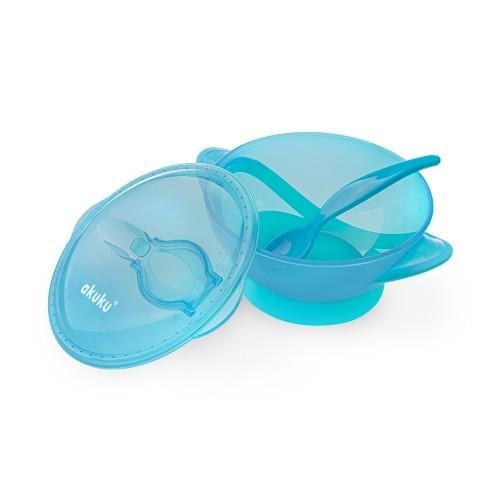 Тарелка-контейнер детская Akuku на присоске с крышкой и ложкой Синий (A0304-BLUE)