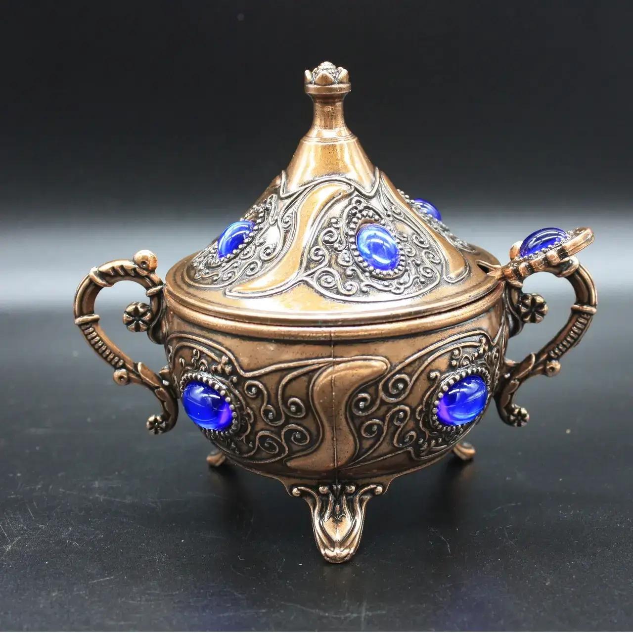 Сахарница турецкая Acar с ложкой Медный с синими камнями (15445)