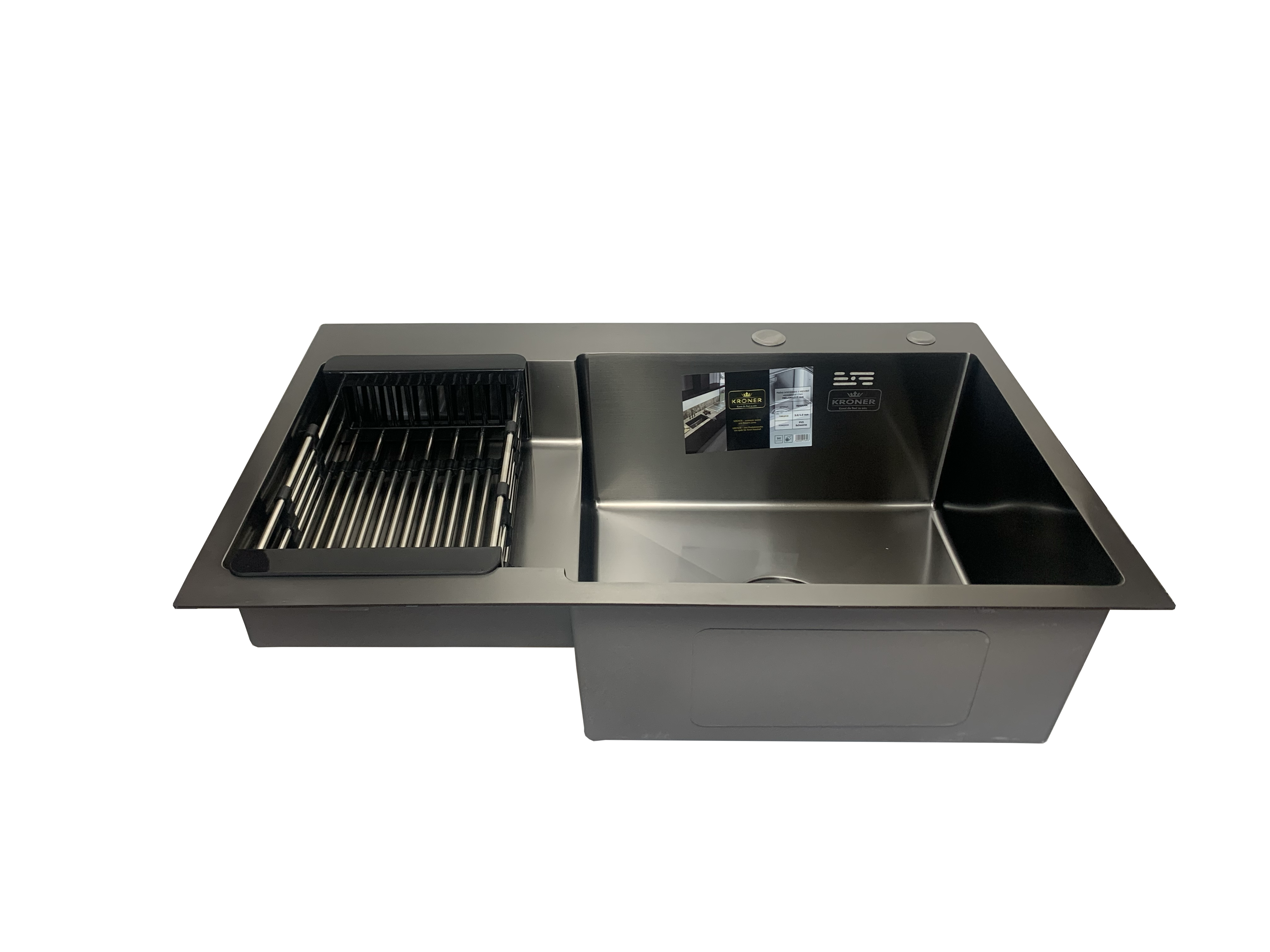 Мийка кухонна Kroner 78x48 см в чорному PVD чаша праворуч + кошик/кріплення/сифон