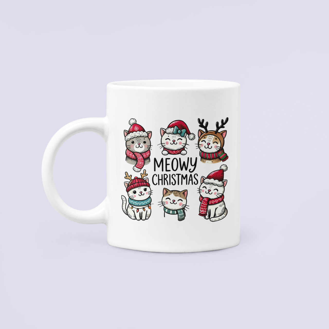 Чашка керамическая с принтом "Meowy Christmas" Новогодние котики 330 мл Белый