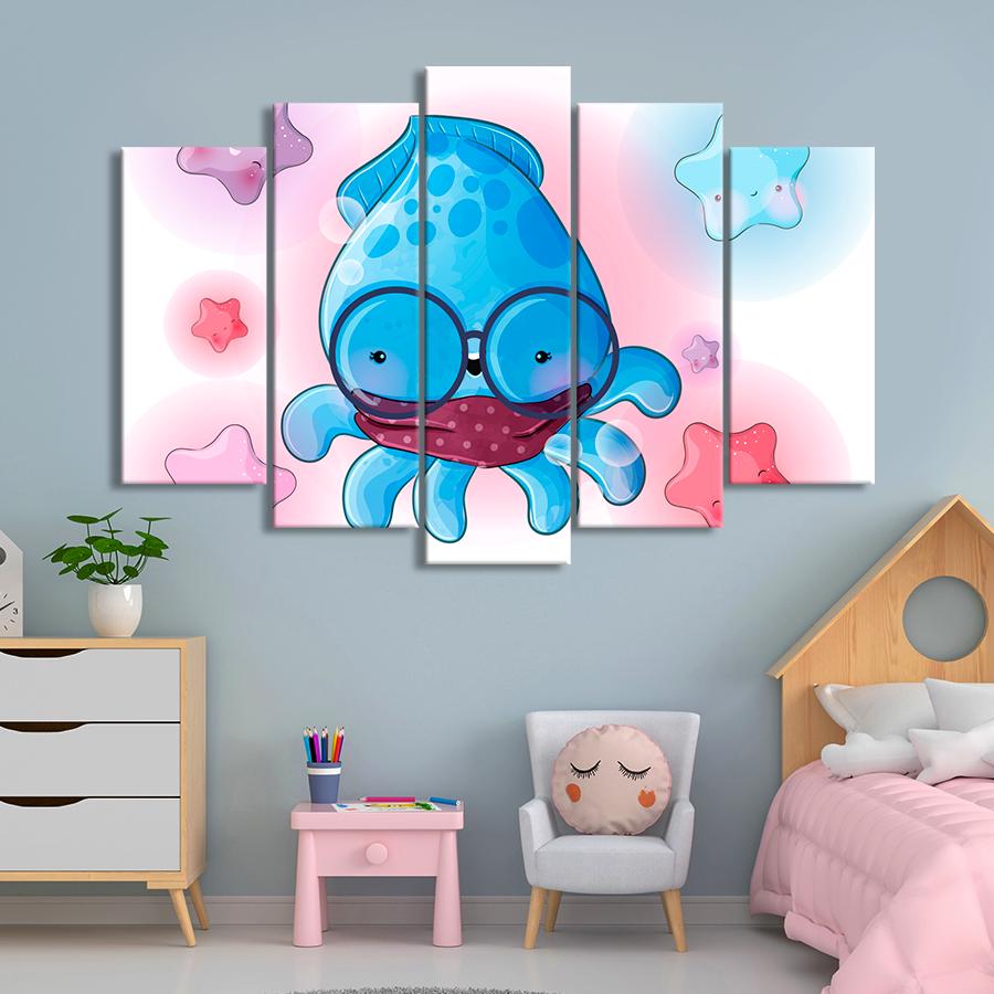 Картина в детскую комнату Красивый синий осьминог в очках 137x85 см (A1398-5)