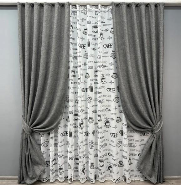 Комплект шторы и тюль лен 1х2,7/3х2,7 м 2 шт. Серый (108ш-1791т 71-061/1)