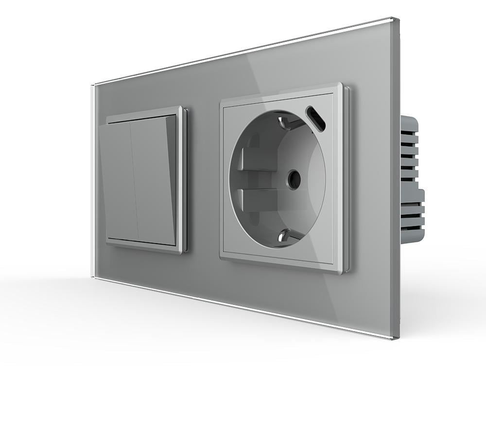 Выключатель двойной с розеткой Livolo USB Type-C 18Вт с заземлением стекло Серый