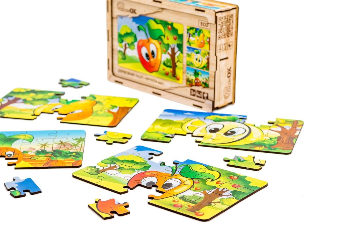 Пазл дерев'яний для дітей PuzzleOK Фрукти 4в1 - фото 2 Пазл дерев'яний для дітей PuzzleOK Фрукти 4в1 - фото 2