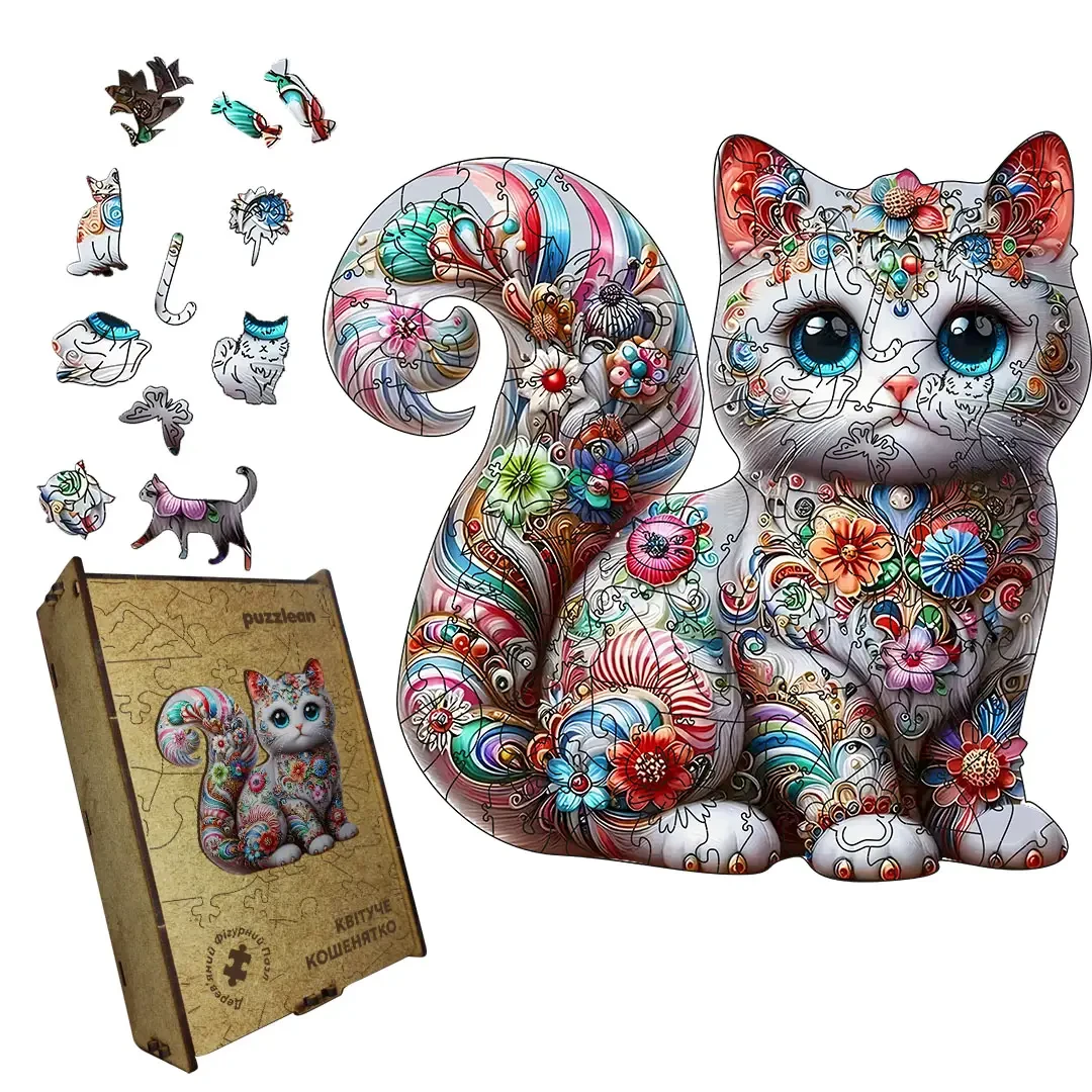 Пазл деревянный Цветущий Котенок А5 35 ​​деталей картонная коробка 15х14 см