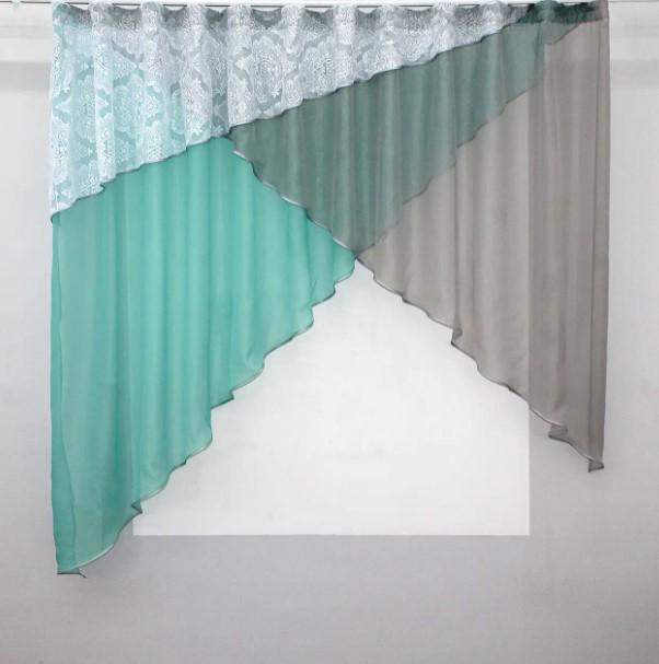 Занавеска на кухню/балкон шифон/жаккард 290х165 см Бирюзовый/Серый/Белый (00к 59-556)