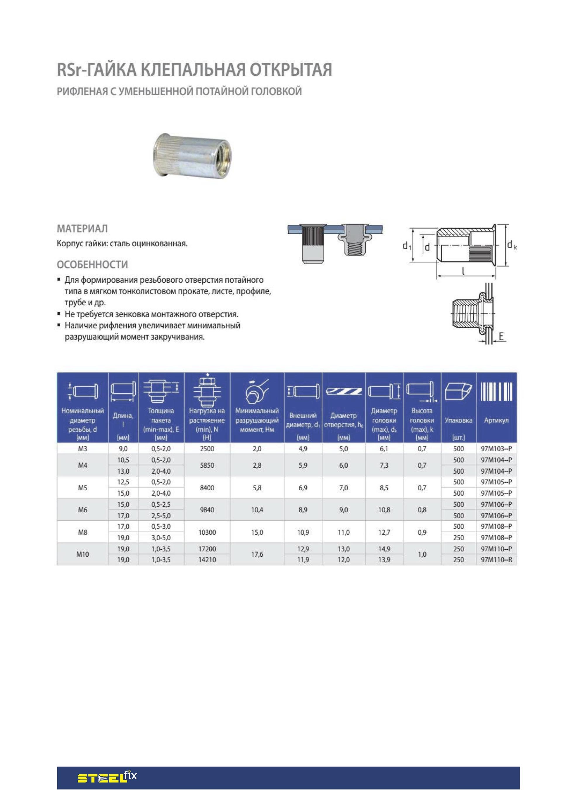 Гайка Steelfix клепальна RSr М4 2-4 відкрита рифлена з зменшеною потайною головкою 500 шт. (026188) - фото 2