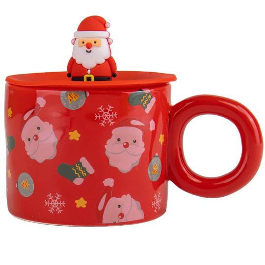 Чашка новорічна з кришкою Christmas Nigh з кераміки 350 мл Червоний (150-81-9151-005.2)