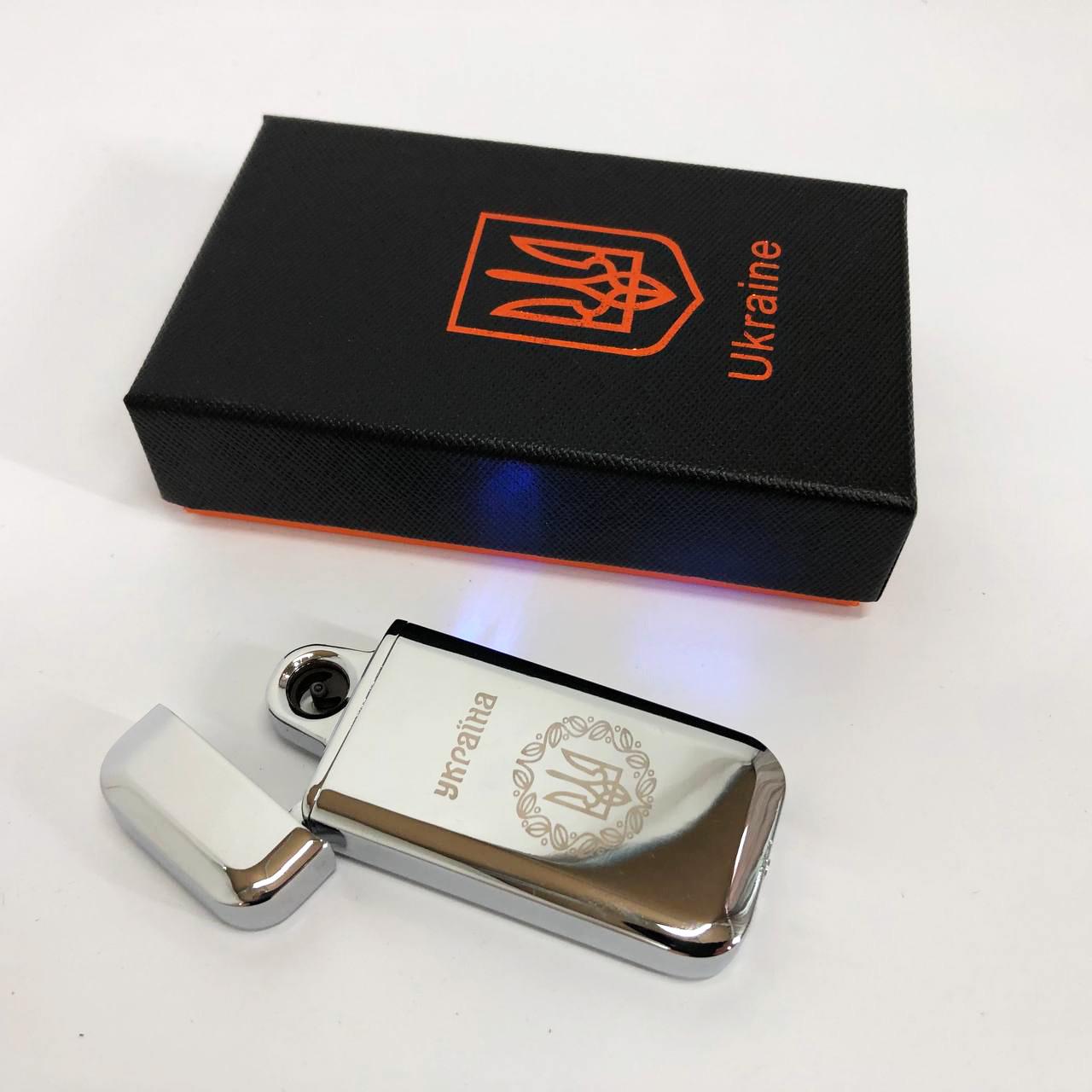 Зажигалка дуговая электроимпульсная зажигалка /USB Герб Украины индикатор заряда/фонарик Серебряный (HL-442) - фото 2