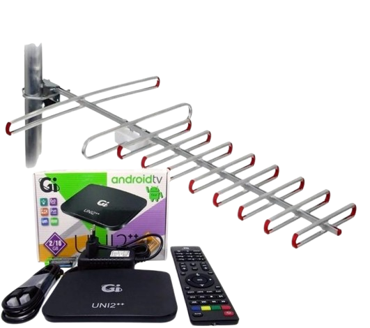 Комплект Смарт AndroidTV/Т2 тюнер GI UNI 2++ 2/16 TM/Антенна наружная Super 8/50 км от ретранслятора (1060)