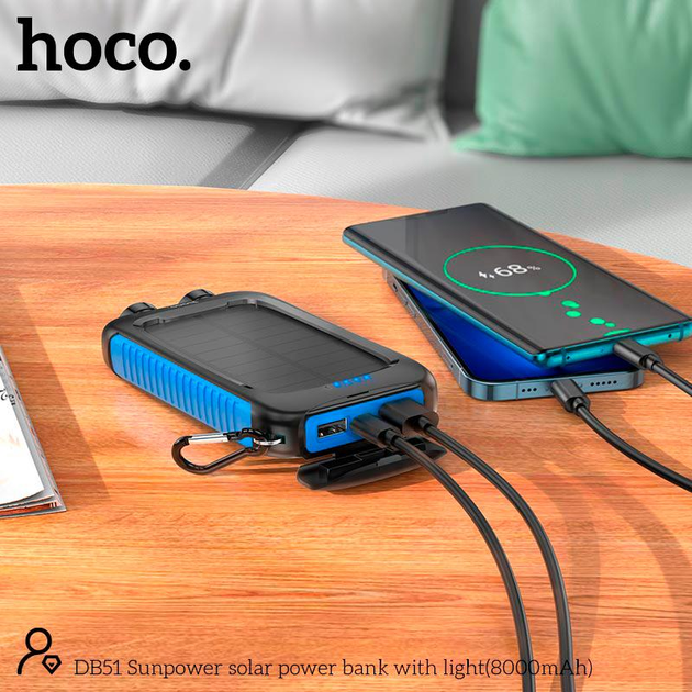 Повербанк Hoco DB51 із сонячною панеллю ліхтарем 2USB/1Type-C 2A 8000 mAh Black/Blue (DB51) - фото 9