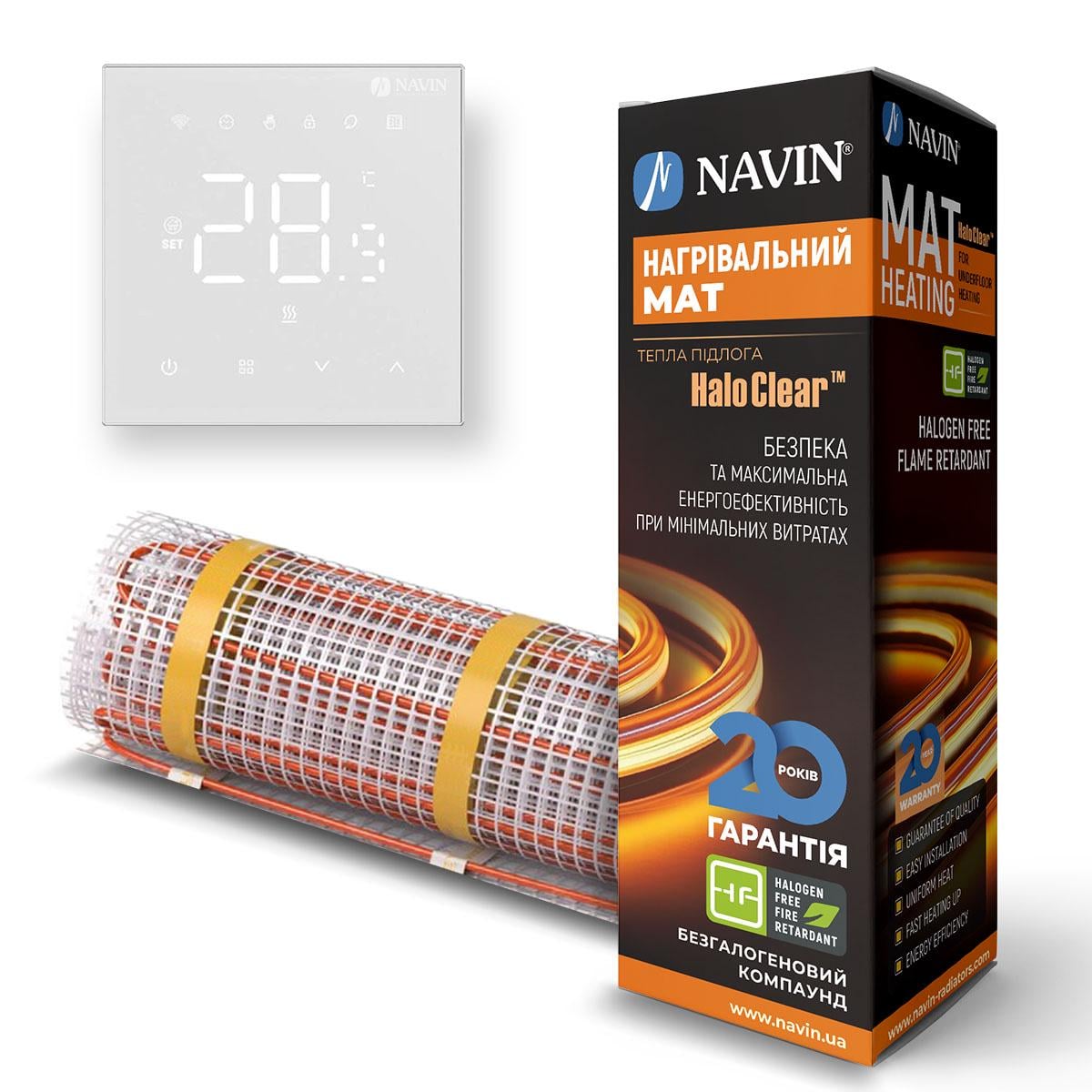 Комплект теплого пола Comfort нагревательный мат NAVIN HaloClear 340 Вт 1,7 м² 3,4 м и терморегулятор WT410 W-16A с Wi-Fi Белый матовый