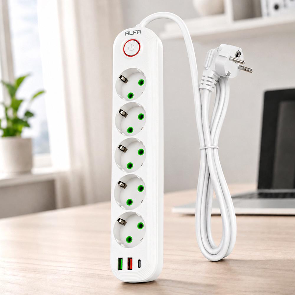 Сетевой фильтр на 5 розеток 3 м 2 USB+1 Type-C с кнопкой Белый