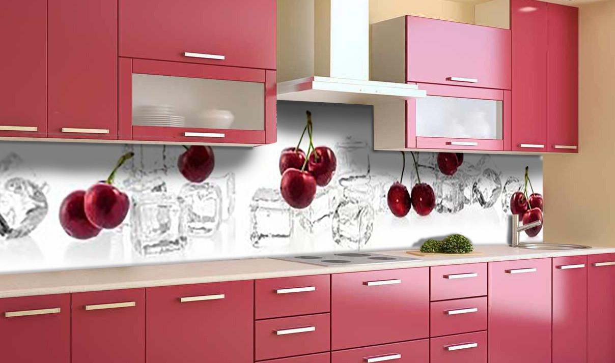 Кухонный фартук Спелые вишни красные ягоды лед из самоклеющейся виниловой пленки 65х250 см Белый