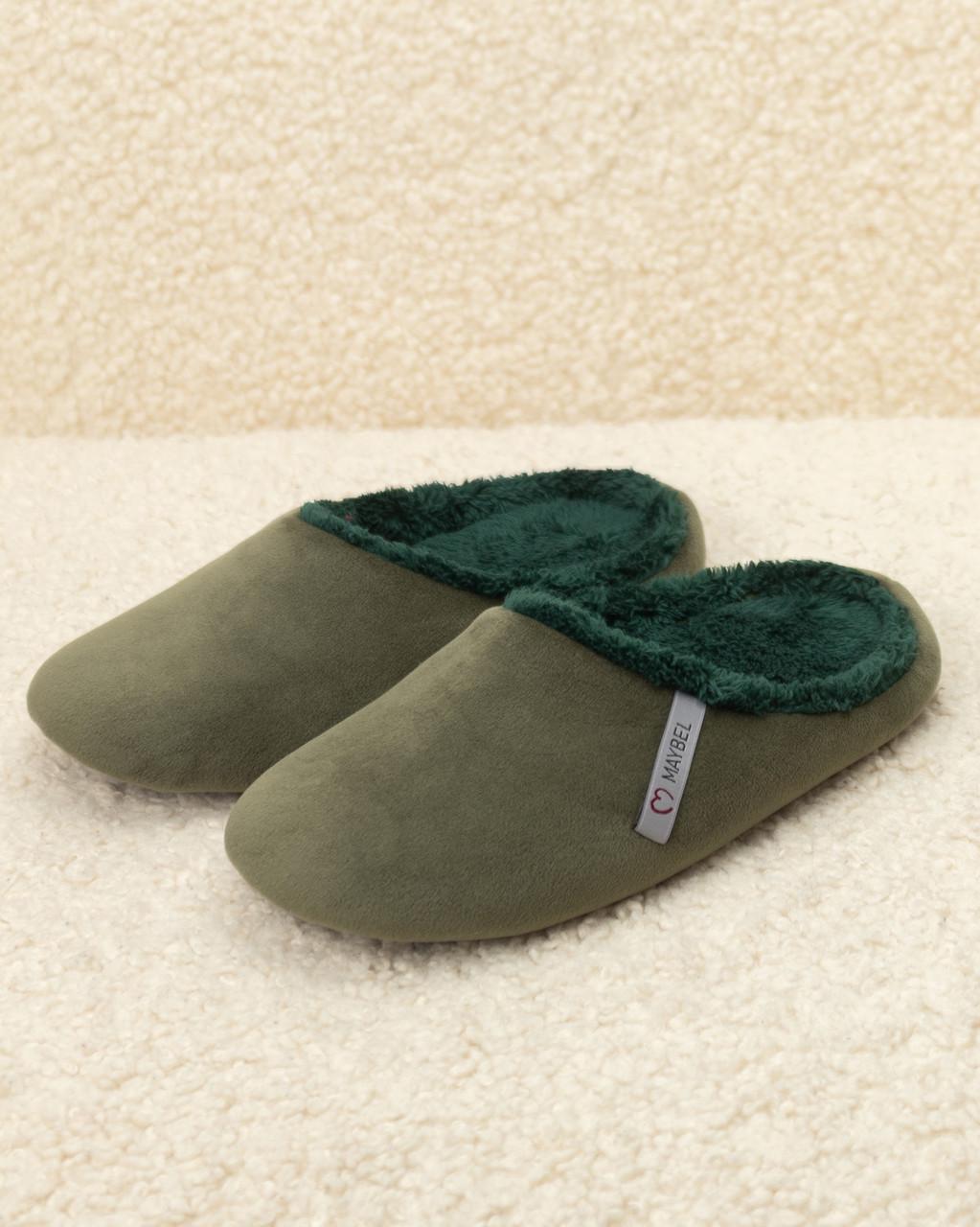 Тапочки домашние велюровые утепленные закрытые Хаки/Изумруд (2153564506)