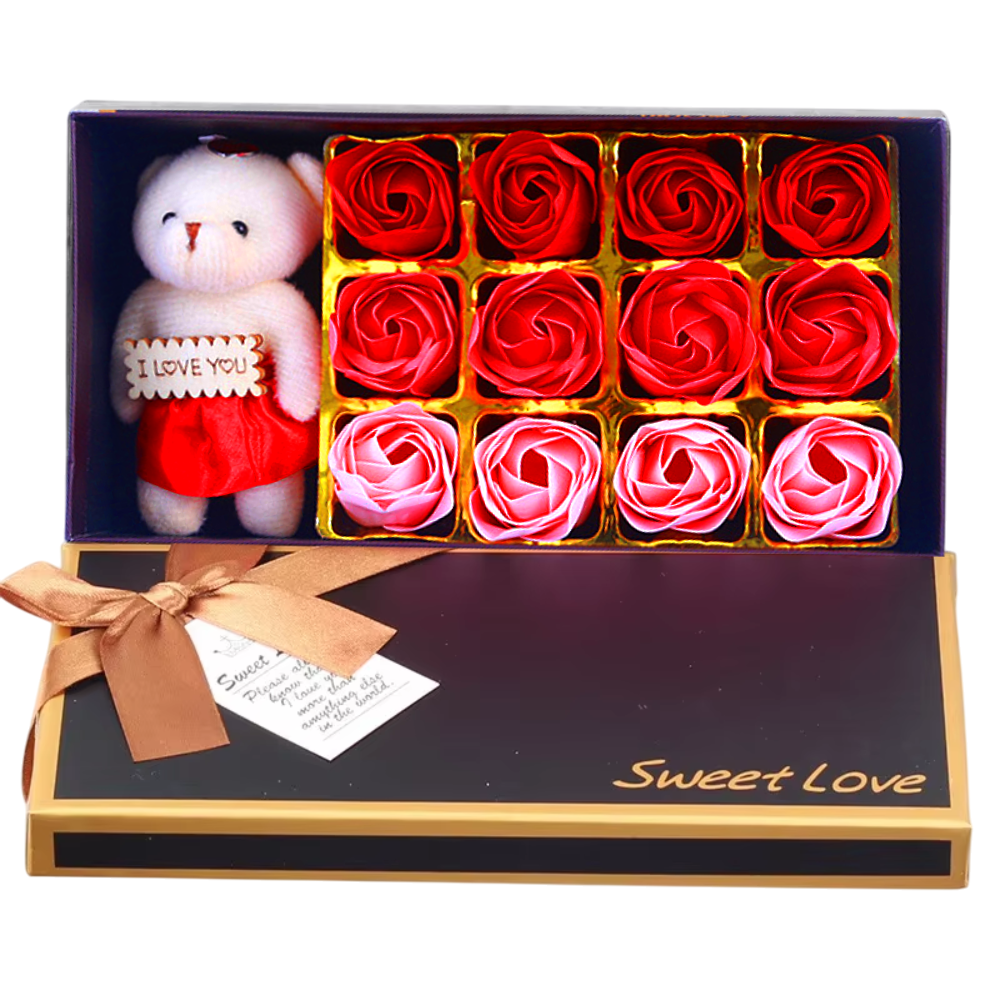 Набор мыла розы с мишкой 12 шт. Красный (25899)