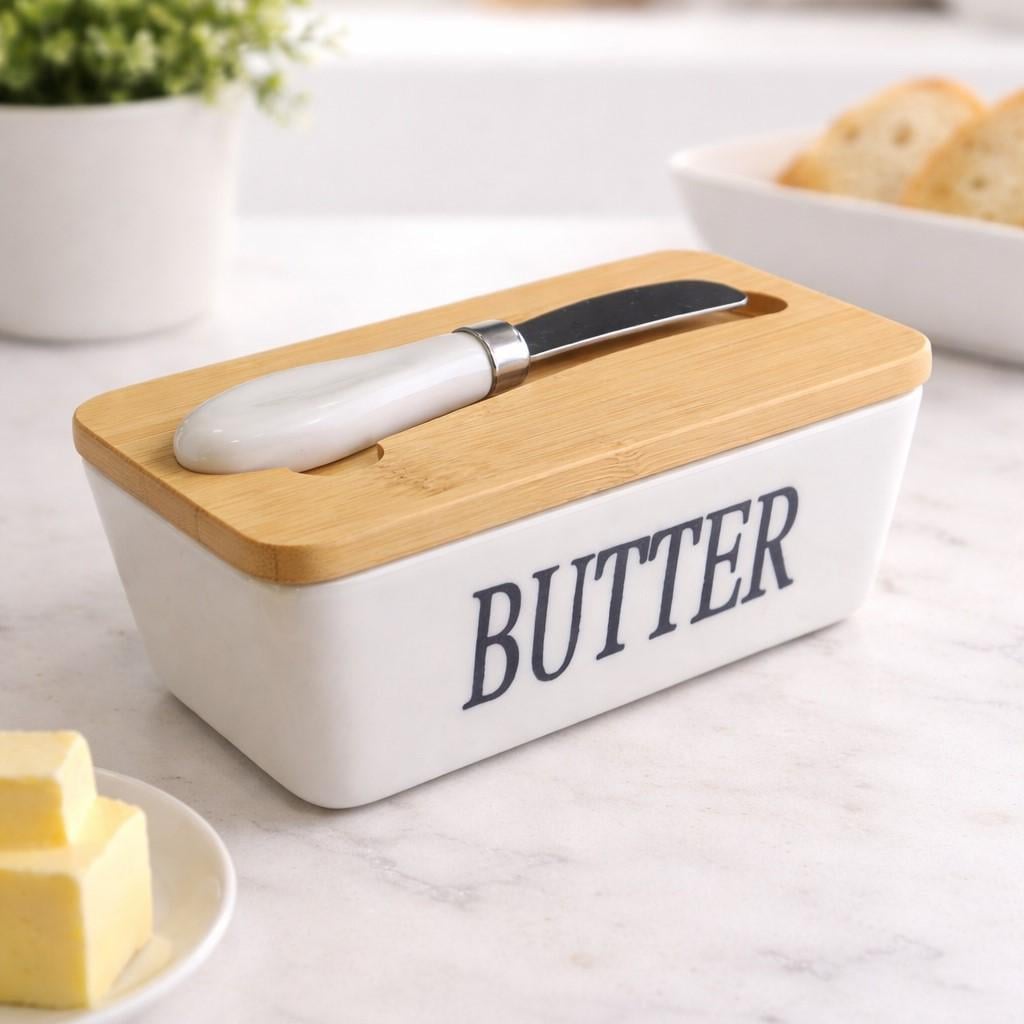 Масленка фарфоровая Butter с бамбуковой крышкой и ножом 15x8,5x7,5 см (31554754)